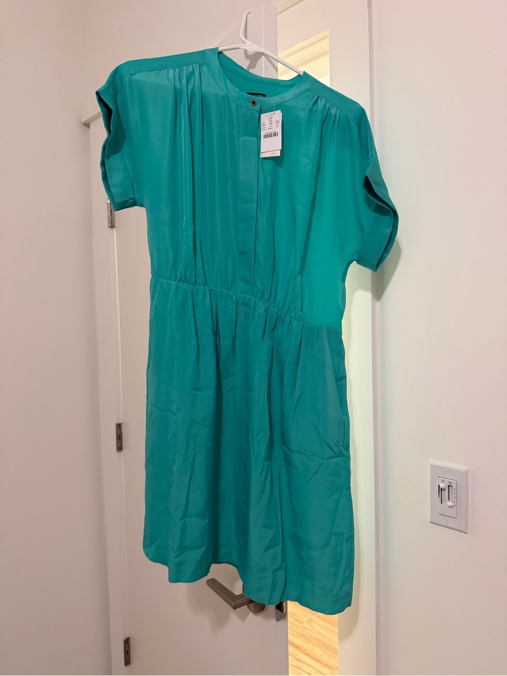 J. Crew Teal Short-Sleeve Gathered-Waist Midi Dress